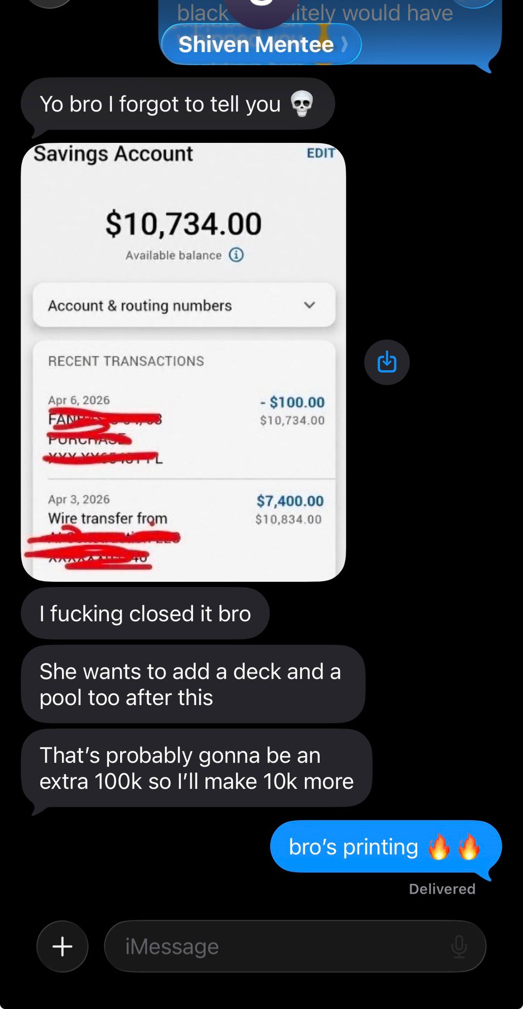 Student message: closed deal, $7,400 wire transfer received into his account